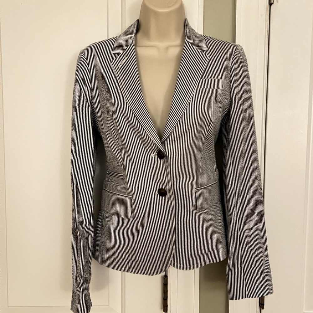 J Crew Blue and White Seersucker Jacket Size 0